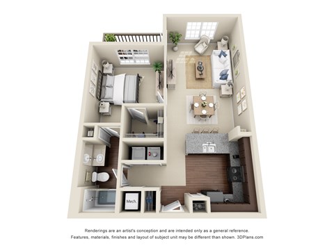 Floor plan for 1 bed, 1 bath, 801 sqft